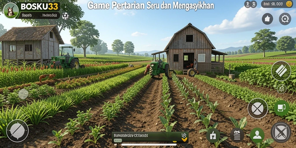 Screenshot menampilkan pemain yang sedang mengelola kebun yang subur di BOSKU33.