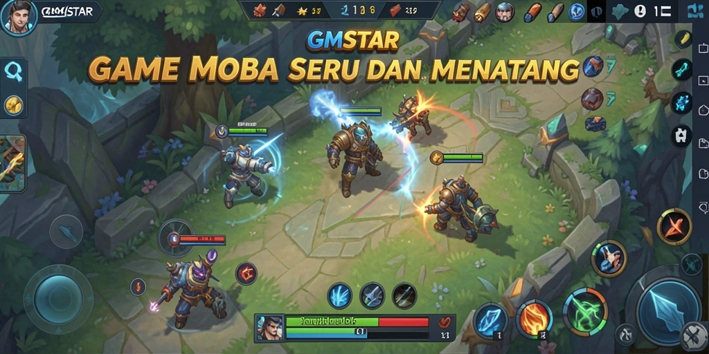 Screenshot GMSTAR menampilkan aksi pertempuran seru dalam permainan MOBA.