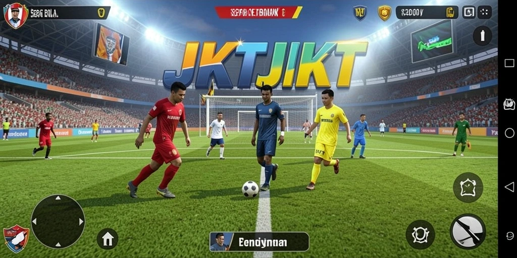 Screenshot gameplay JKTJKT menampilkan aksi laga sepak bola yang mendebarkan.